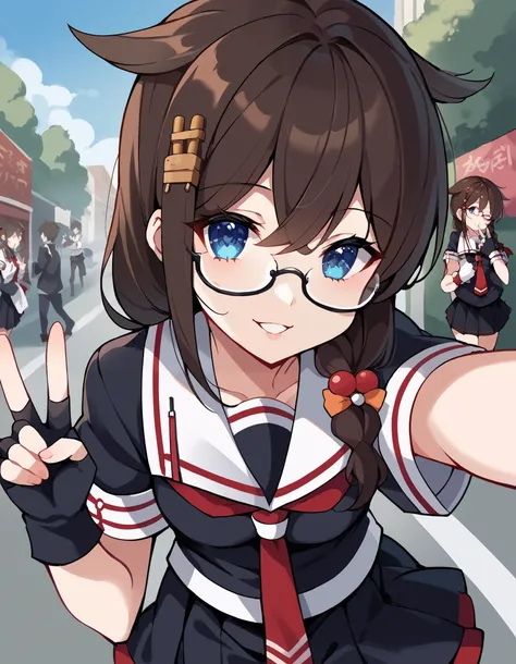 score_9, score_8_up, score_7_up, source_anime, Shigure, Shigure (KanColle), long hair, blue eyes, brown hair, black hair, hair ornament, knitting glasses, stupid hair, single knitting glasses,  shoulder hair ,  hair flap,, skirt, gloves, school uniform, pl...