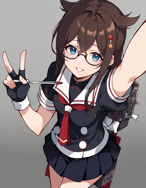 score_9, score_8_up, score_7_up, source_anime, Shigure, Shigure (KanColle), long hair, blue eyes, brown hair, black hair, hair ornament, knitting glasses, stupid hair, single knitting glasses,  shoulder hair ,  hair flap,, skirt, gloves, school uniform, pl...
