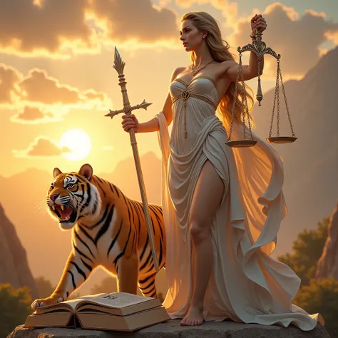 goddess Themis of Justice, with a curvy body and a white dress , and shows her wide hips , and shows off her wide and strong legs, and with soft and smooth skin , and with long ones, wavy golden hair , and holds a long sword , and holds a scale with t...