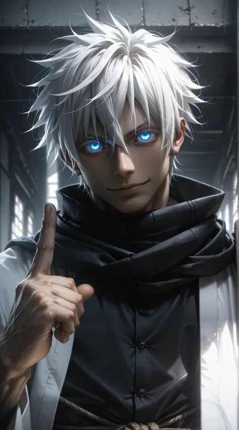 dutch angle, masterpiece, best quality, short hair, 1man, white hair,spiked hair, gojou satoru, blue eyes, colored eyelashes, hair between eyes,white pants, tight black longsleeve, muscles, tight-fitting black T-shirt, сrazy smile, white karate robe, visib...