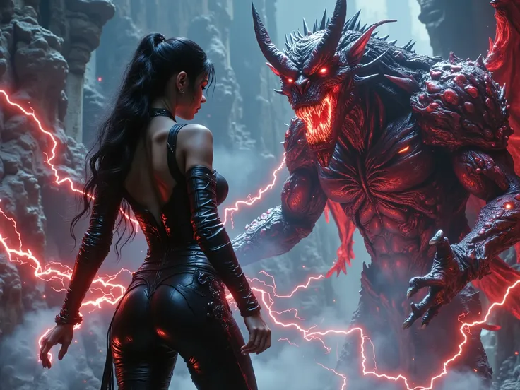 A stunning Asian elf sorceress. She has breasts and a slim hourglass body shape clad in tight, simple, medieval, padded leather armor and full leather trousers. Her dark hair matches the black of her elven armor. She is standing in an aggressive combat sta...