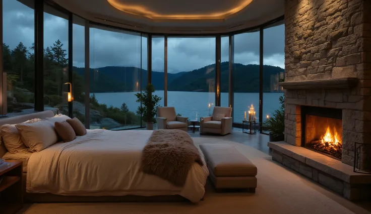 Okay, here's a script-style description of the image, focusing on visual details and atmosphere: **INT. LUXURIOUS BEDROOM - NIGHT** WIDE SHOT A spacious, modern bedroom. One entire wall is made of floor-to-ceiling windows, revealing a breathtaking view of ...