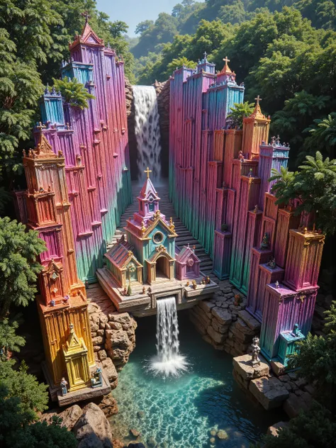 A cliff that is 300 feet tall made up of gigantic quartz crystal points that are multicolored translucent pillars in a tropical rainforest. In the middle of these skyscraper sized quartz crystals is an incredible gushing cascading waterfall that pours into...