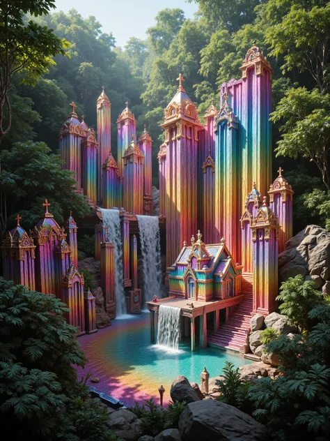 A cliff that is 300 feet tall made up of gigantic quartz crystal points that are multicolored translucent pillars in a tropical rainforest. In the middle of these skyscraper sized quartz crystals is an incredible gushing cascading waterfall that pours into...