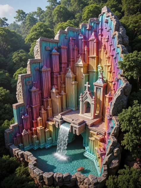 A cliff that is 300 feet tall made up of gigantic quartz crystal points that are multicolored translucent pillars in a tropical rainforest. In the middle of these skyscraper sized quartz crystals is an incredible gushing cascading waterfall that pours into...