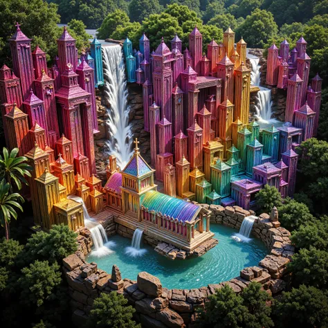 A cliff that is 300 feet tall made up of gigantic quartz crystal points that are multicolored translucent pillars in a tropical rainforest. In the middle of these skyscraper sized quartz crystals is an incredible gushing cascading waterfall that pours into...