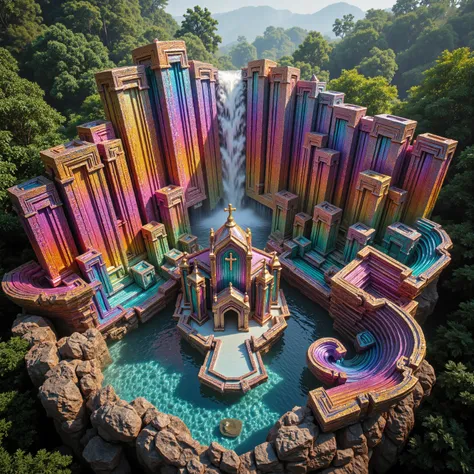 A cliff that is 300 feet tall made up of gigantic quartz crystal points that are multicolored translucent pillars in a tropical rainforest. In the middle of these skyscraper sized quartz crystals is an incredible gushing cascading waterfall that pours into...