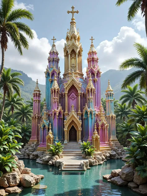 A church made of colored translucent quartz crystals that has 4 waterfalls going down several stories into a manmade lagoon in 4 different directions, each looking like the entrance. Each direction, north, east, south, and west, is separated from one anot...