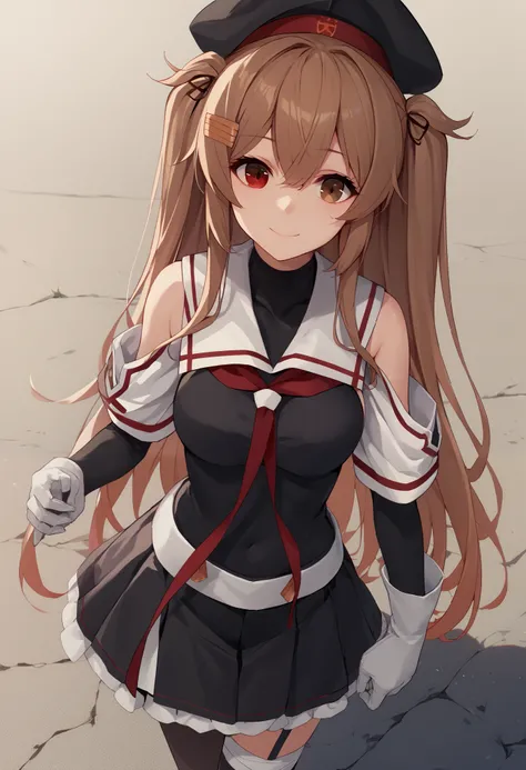 MuraSamekC, kantai collection,1 girl , (masterpiece) , BEST QUALITY , high resolution , bb murasa  , long hair , two side up ,  hair flap , hair clips ,  above Decorati has  , black headwear , heterochromia , Red Eyes , brown eyes , white sailor color , re...