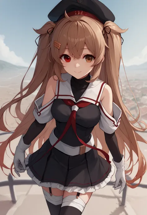 MuraSamekC, kantai collection,1 girl , (masterpiece) , BEST QUALITY , high resolution , bb murasa  , long hair , two side up ,  hair flap , hair clips ,  above Decorati has  , black headwear , heterochromia , Red Eyes , brown eyes , white sailor color , re...