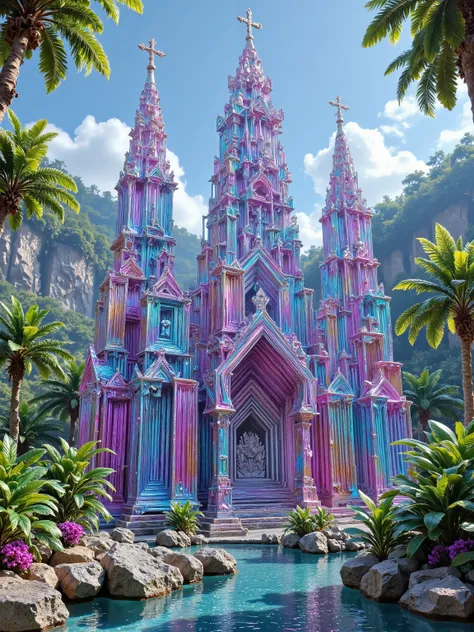 A church made of colored translucent quartz crystals that has 4 waterfalls going down several stories into a manmade lagoon in 4 different directions, each looking like the entrance. Each direction, north, east, south, and west, is separated from one anot...