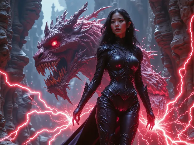 A stunning Asian elf sorceress. She has breasts and a slim hourglass body shape clad in tight, simple, medieval, padded leather armor and full leather trousers. Her dark hair matches the black of her elven armor. She is standing in an aggressive combat sta...