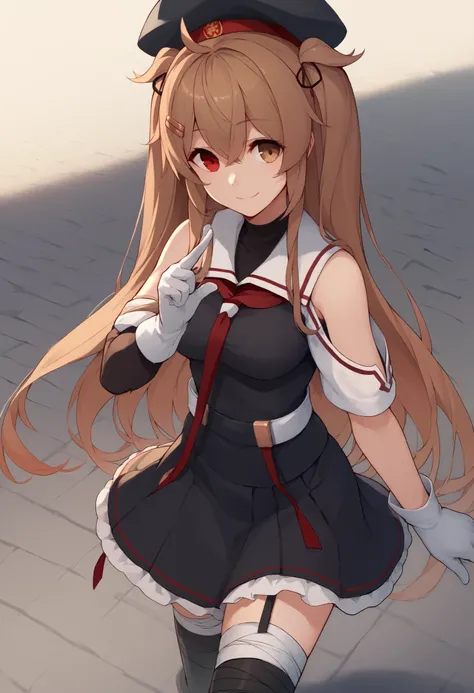 MuraSamekC, kantai collection,1 girl , (masterpiece) , BEST QUALITY , high resolution , bb murasa , long hair , two side up , hair flap , hair clips , above Decorati has , black headwear , heterochromia , Red Eyes , brown eyes , white sailor color , re...