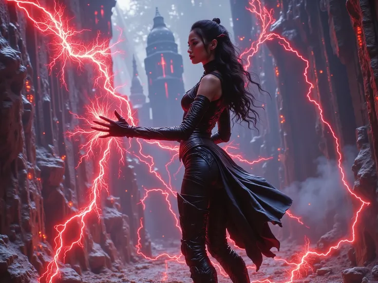 A stunning Asian elf sorceress. She has breasts and a slim hourglass body shape clad in tight, simple, medieval, padded leather armor and full leather trousers. Her dark hair matches the black of her elven armor. She is standing in an aggressive combat sta...