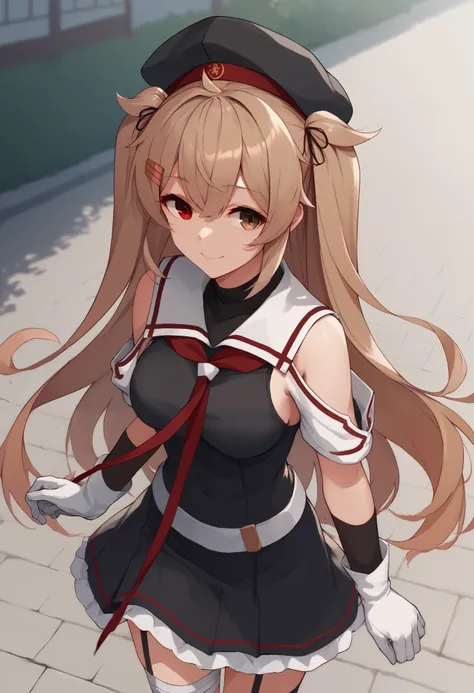 MuraSamekC, kantai collection,1 girl , (masterpiece) , BEST QUALITY , high resolution , bb murasa , long hair , two side up , hair flap , hair clips , above Decorati has , black headwear , heterochromia , Red Eyes , brown eyes , white sailor color , re...