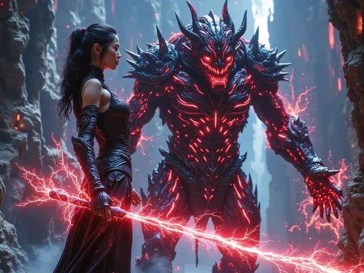 A stunning Asian elf sorceress. She has breasts and a slim hourglass body shape clad in tight, simple, medieval, padded leather armor and full leather trousers. Her dark hair matches the black of her elven armor. She is standing in an aggressive combat sta...