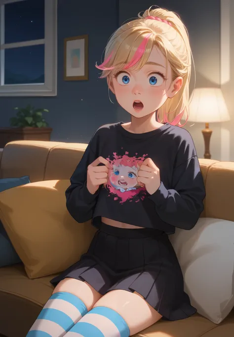 1girl, anime style, vibrant colors, Riley Andersen, Inside Out, surprised, blonde ponytail hair with pink highlights, sitting on a couch, black top, short skirt, striped thigh highs, BREAK, mountain cabin, night time, beautiful lighting and shadows,