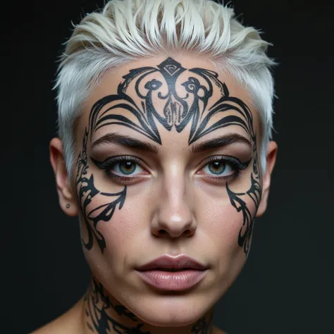 High-resolution, best quality image of a striking woman with intricate traditional tattoos adorning her face. She has stark white hair and bold black eyeshadow, creating a captivating contrast. The tattoos tell stories across her skin, emphasizing her heri...