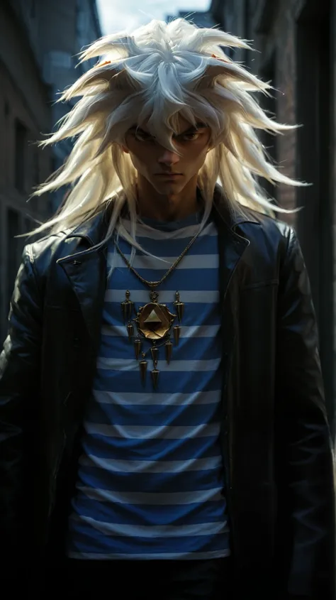 masterpiece, best quality, 
BakRyu, 1boy, male focus, solo, brown eyes, white hair, long hair, hair between eyes, shirt, blue and white shirt, striped shirt, coat, black coat, open coat, serious
outdoor, , golden necklace , young , young boy 