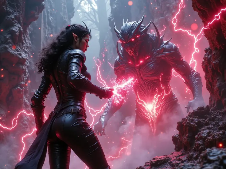 A stunning Asian elf sorceress. She has breasts and a slim hourglass body shape clad in tight, simple, medieval, padded leather armor and full leather trousers. Her dark hair matches the black of her elven armor. She is standing in an aggressive combat sta...