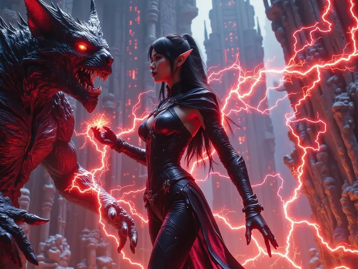 A stunning Asian elf sorceress. She has breasts and a slim hourglass body shape clad in tight, simple, medieval, padded leather armor and full leather trousers. Her dark hair matches the black of her elven armor. She is standing in an aggressive combat sta...