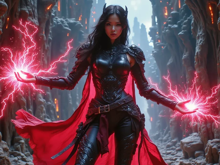 A stunning Asian elf sorceress. She has breasts and a slim hourglass body shape clad in tight, simple, medieval, padded leather armor and full leather trousers. Her dark hair matches the black of her elven armor. She is standing in an aggressive combat sta...