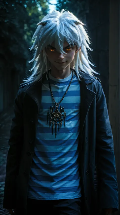 masterpiece, best quality, 
BakRyu, 1boy, male focus, solo, brown eyes, white hair, long hair, hair between eyes, shirt, blue and white shirt, striped shirt, coat, black coat, open coat, 
outdoor, , golden necklace , young , young boy , evil smile , young ...