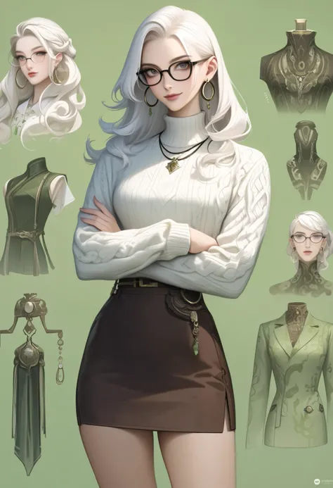 e1e1_v1,w1w1_v1, 1girl, jewelry, solo, earrings, skirt, necklace, long hair, glasses, hoop earrings, crossed arms, smile, white hair, simple background, cowboy shot, long sleeves, semi-rimless eyewear, looking at viewer, green background, black-framed eyew...