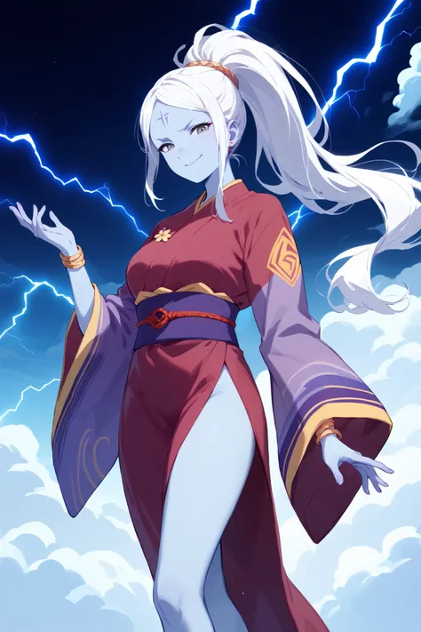(masterpiece) airgenasi, female, middle aged, pointed ears, blue skin, (white hair tied in ponytail), cloudy grey eyes, blue silk hanfu, purple lightning patterns on hanfu, wide sleeves, jewelry, bare legs, beautiful body, both hands open, summoning thunde...