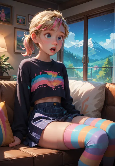 1girl, anime style, vibrant colors, Riley Andersen, Inside Out, surprised, blonde ponytail hair with pink highlights, sitting on a couch, black top, short skirt, striped thigh highs, BREAK, mountain cabin, night time, beautiful lighting and shadows,