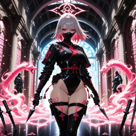 (mask), (kunai), A deadly ninja demoness emerges from the golden-pink twilight sky, her piercing red eyes glowing beneath a half-mask. Silver hair is partially tied back, ensuring stealth and precision. She wears a sleek black and red ninja suit, reinforce...