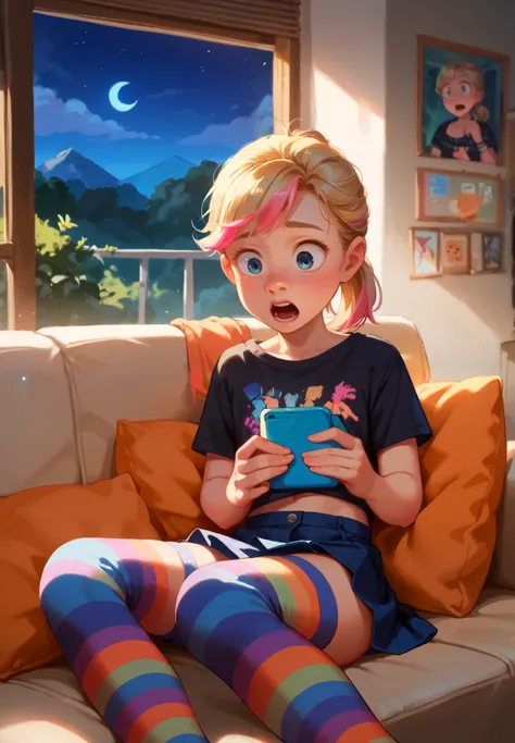 1girl, anime style, vibrant colors, Riley Andersen, Inside Out, surprised, blonde ponytail hair with pink highlights, sitting on a couch, black top, short skirt, striped thigh highs, BREAK, mountain cabin, night time, beautiful lighting and shadows,