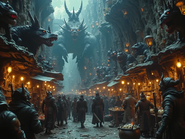Bargain hunting in the monster market. Lots of scary monsters on sale in the monster market.