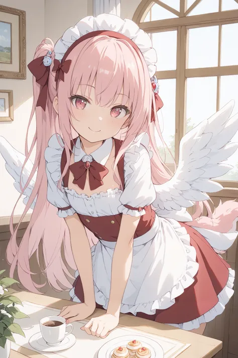inside the cafe、Antique style furniture、Bright sunlight through the window、There's hot coffee on the table、one girl、 are so small、Flat chest、 waitress、red maid clothes、Maid clothes decorated with ruffles and ribbons、Hair ornament with bunnies hanging、Ruf...