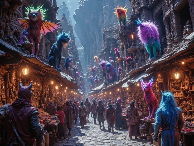 Bargain hunting in the monster market. Lots of furry monsters and scaly monsters and feathery monsters and disco monsters on sale in the monster market. Bright colours dark colours neon colours scary colours.