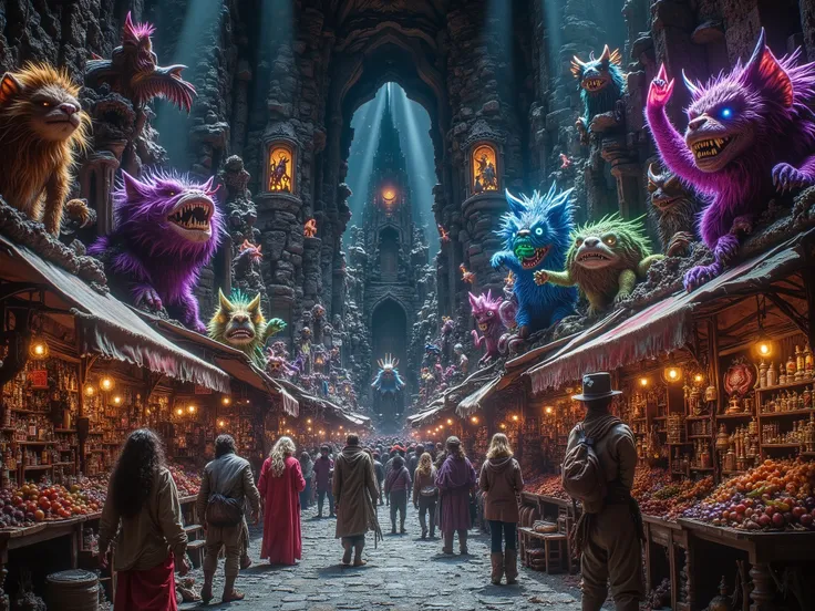 Bargain hunting in the monster market. Lots of furry monsters and scaly monsters and feathery monsters and disco monsters on sale in the monster market. Bright colours dark colours neon colours scary colours.