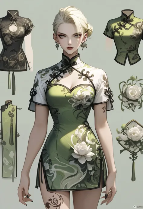 e1e1_v1, w1w1_v1, 1girl, solo, dress, breasts, chinese clothes, china dress, short hair, jewelry, looking at viewer, earrings, tattoo, cleavage cutout, simple background, short sleeves, clothing cutout, grey eyes, cowboy shot, ear piercing, grey hair, blac...