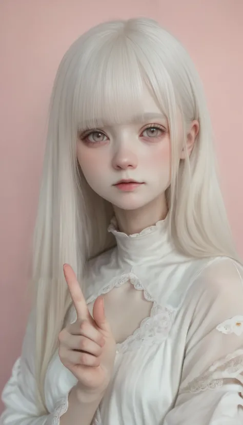 perfect anatomy from a shellfish, Japanese girls , alone、one girl、少し短い首:1.7, Albino Skin, Gray Hair, straight long hair , light brown eyes, Change color to high neck lace fabric, white clothes, artistic, light pink background pointing down