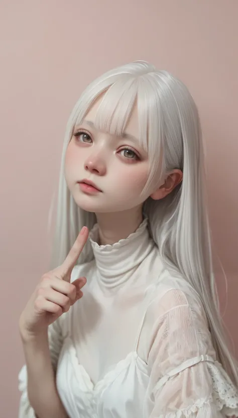 perfect anatomy from a shellfish, Japanese girls , alone、one girl、少し短い首:1.7, Albino Skin, Gray Hair, straight long hair , light brown eyes, Change color to high neck lace fabric, white clothes, artistic, light pink background pointing down