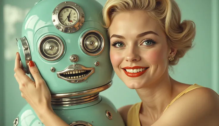 Woman with light blonde hair in a 1950s-style hairstyle, Caucasian, 20s-30s age range, wearing a pale yellow sleeveless dress. Smiling broadly, with expressive blue eyes and rosy cheeks. Close-up of a woman embracing a vintage-style teal robot, detailed ...