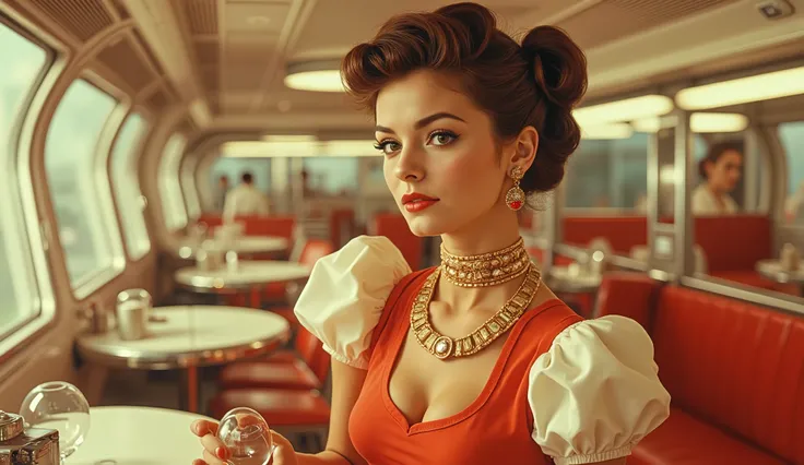 Sophisticated 1950s-inspired woman, light-tan complexion, mid-20s to early 30s. Confident, slightly upward gaze, full, red lips, and a sophisticated, coiffed updo hairstyle. She wears a red, cropped, fitted top with cut-out detailing at the bus...