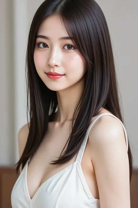 Medium wide shot ultra-realistic digital illustration. She has long, straight, silky black hair and wears a bare apron. Her hair strands are meticulously detailed and reflect the light, revealing a smooth texture and a subtle glow. Her skin is translucent ...