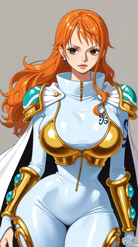 NSFW, Nami (One Piece), wearing a sleek white-and-gold futuristic armor suit featuring ornate shoulder guards, a sculpted breastplate highlighting her massively overexaggerated bust, form-fitting waist plating emphasizing her hourglass figure and wide hips...