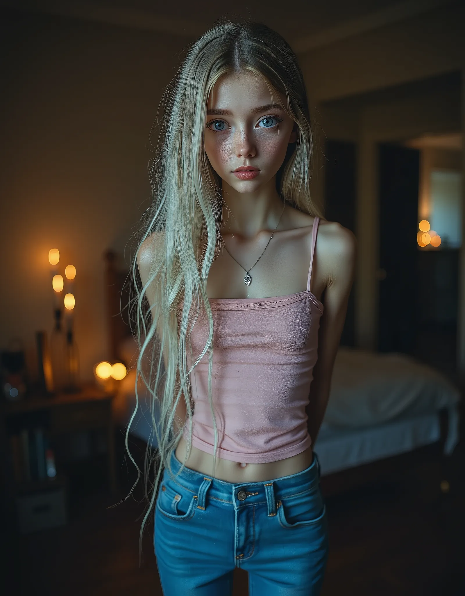 cinematic picture of 1girl, girl, young, adorable, cute, innocent, thin, short, skinny small, (cute face), extremly Long hair, a-line haircut, blond hair, freckles, freckles on body, freckles on , blushing, small breasts, flat chested, fit, toned abe, defi...