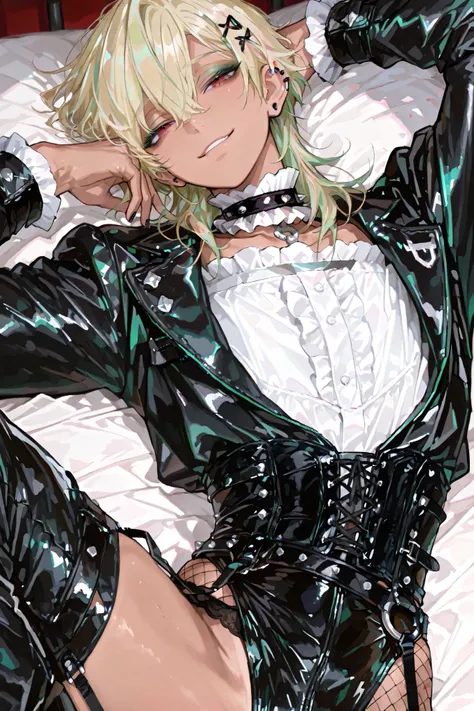 1male,handsome,visual kei style,medium hair, heavy black eyeliner, green eyeshadow, leather, studs,His pose is confident,black nail, bob hair, top quality,high quality,masterpiece, gyaruoh, (blonde:1.2), red eyes, androgynous, green hair tip highlight, bea...