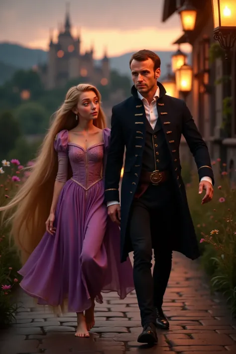 A hyper-realistic, 8K cinematic render of Rapunzel and Emmanuel Macron walking side by side along a picturesque cobblestone path in a magical fairytale kingdom. Rapunzel's long, golden hair flows behind her, glowing softly in the warm lantern light. She we...