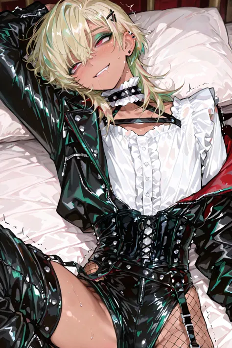 1male,handsome,visual kei style,medium hair, heavy black eyeliner, green eyeshadow, leather, studs,His pose is confident,black nail, bob hair, top quality,high quality,masterpiece, gyaruoh, (blonde:1.2), red eyes, androgynous, green hair tip highlight, bea...
