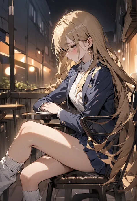 ((masterpiece,super quality:1.2)),(super resolution),(solo),Cowboy Shots,night,Slender, slender high school student drinking coffee sitting on a chair on a cafe terrace outside,beautiful face,(blonde long hair),perfect golden eyes,no expression,high qualit...