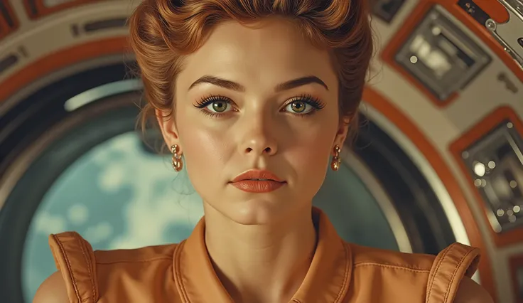 Close-up portrait of a young woman, light-medium skin tone, likely late s to early twenties, with a sophisticated and confident expression. Intriguing light-auburn hair styled in a voluminous, vintage-inspired updo. Pale, neutral-toned makeup enhances he...