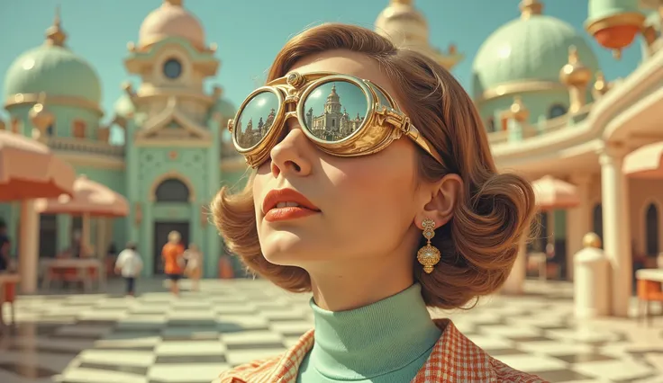 Young woman, light-skinned, 20s, wearing large, gold-toned aviator-style goggles reflecting a fantastical, architectural cityscape. Goggles feature a mirrored surface displaying a checkerboard floor and pastel-colored buildings. The woman's expression i...